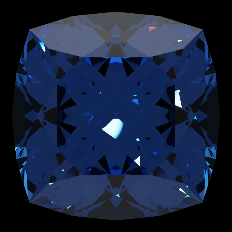 Cushion cut in sapphire face-up under a single bright light: a render from our simulator, its coloured flashes are the fire (score 36)