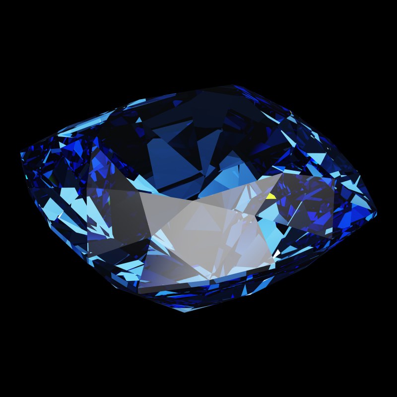 The Cushion Cut in sapphire, rendered at an angle in our 3D Gemstone Simulator under studio light