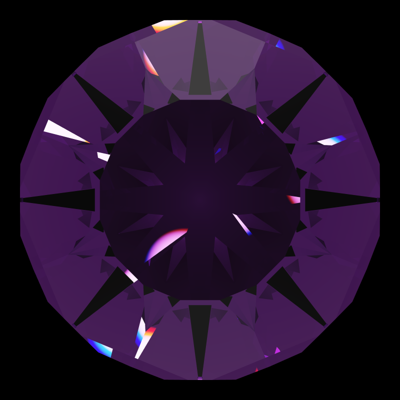 Dg-anteros in amethyst face-up under a single bright light: a render from our simulator, its coloured flashes are the fire (score 54)