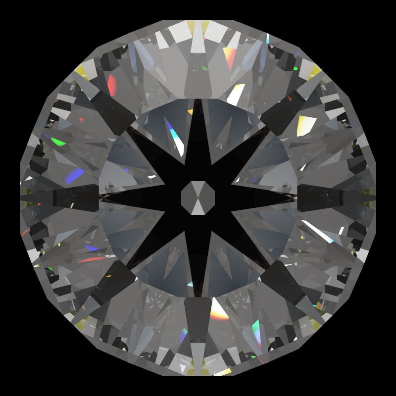 Dg-anteros in cubic zirconia face-up under a single bright light: a render from our simulator, its coloured flashes are the fire (score 82)