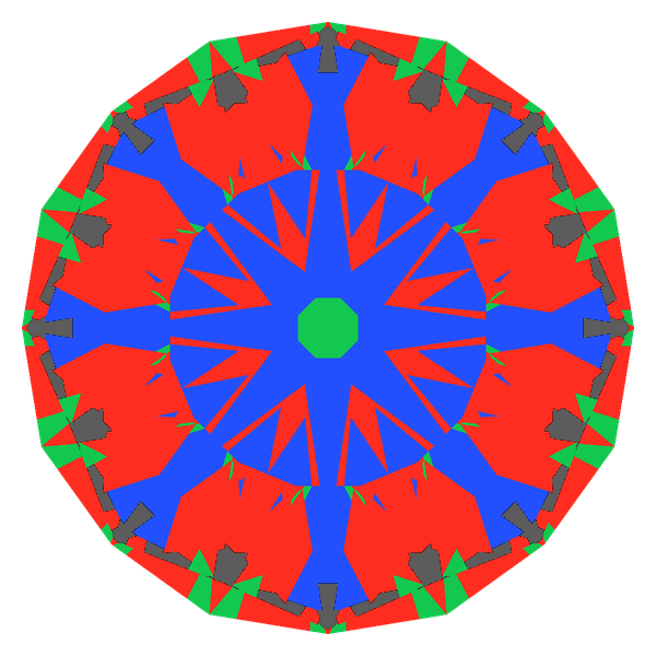 Dg-anteros in cubic zirconia face-up Light Return map: red, green and blue show where the light returns from, grey shows where it leaks (Brilliance 92)