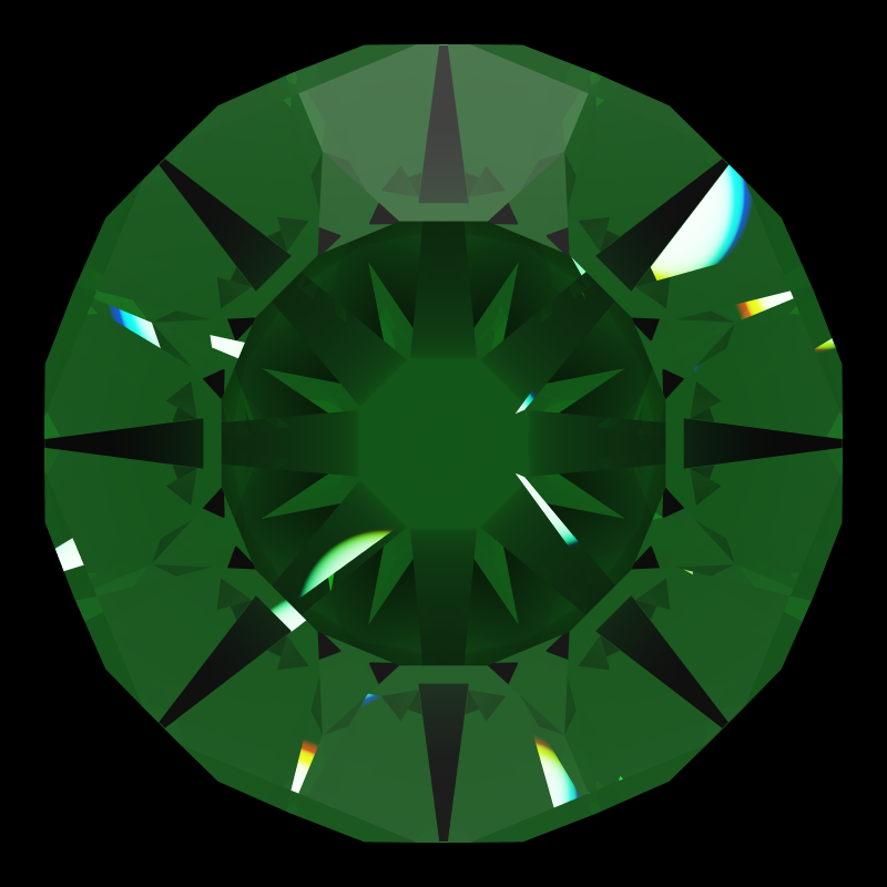 Dg-anteros in emerald face-up under a single bright light: a render from our simulator, its coloured flashes are the fire (score 52)