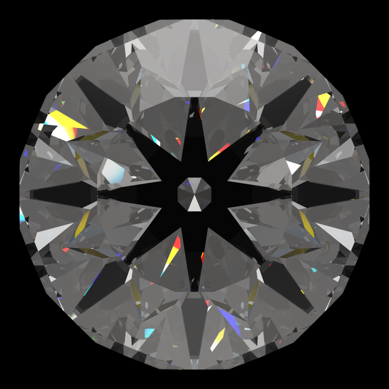 Dg-anteros in moissanite face-up under a single bright light: a render from our simulator, its coloured flashes are the fire (score 91)