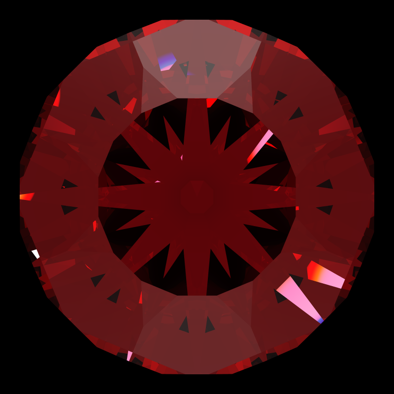 Dg-anteros in ruby face-up under a single bright light: a render from our simulator, its coloured flashes are the fire (score 43)