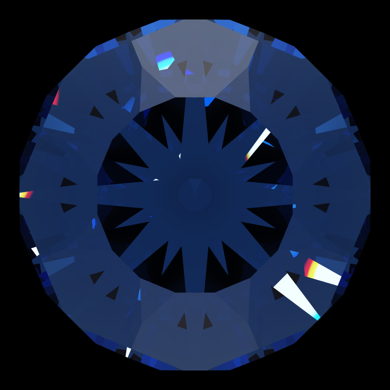 Dg-anteros in sapphire face-up under a single bright light: a render from our simulator, its coloured flashes are the fire (score 43)