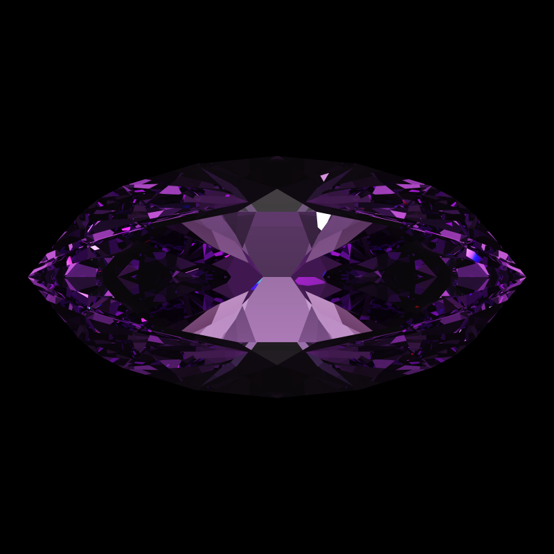 Dg-bowtie in amethyst face-up under a single bright light: a render from our simulator, its coloured flashes are the fire (score 64)