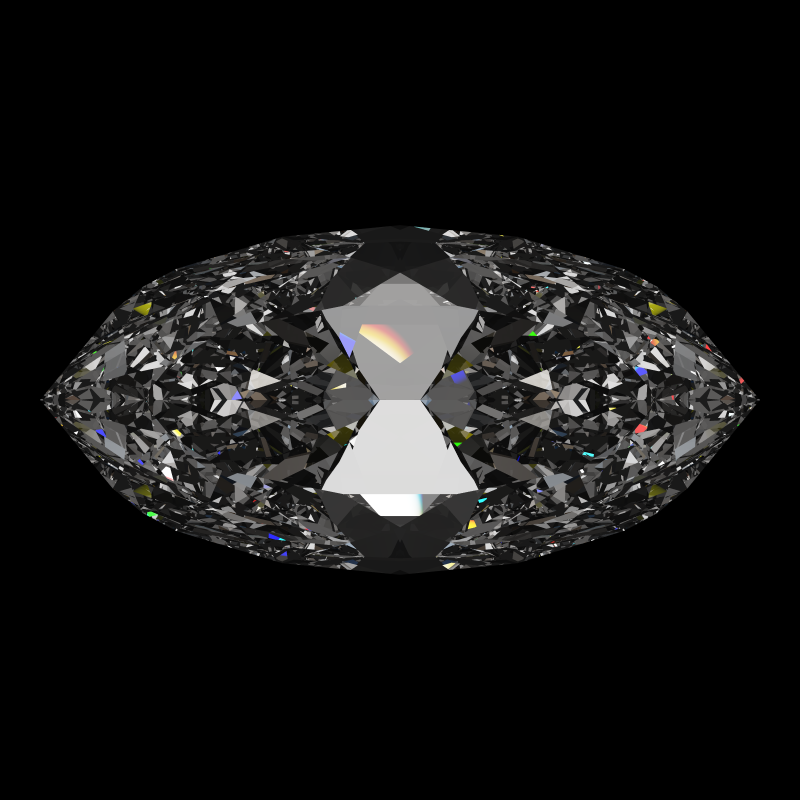 Dg-bowtie in cubic zirconia face-up under a single bright light: a render from our simulator, its coloured flashes are the fire (score 90)