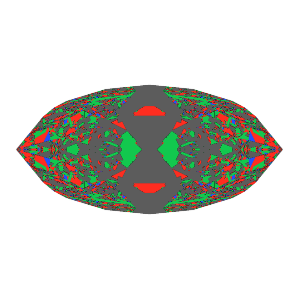 Dg-bowtie in cubic zirconia face-up Light Return map: red, green and blue show where the light returns from, grey shows where it leaks (Brilliance 26)
