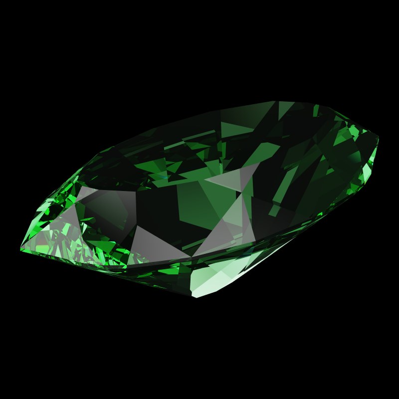 The DG-Bowtie in emerald, rendered at an angle in our 3D Gemstone Simulator under studio light