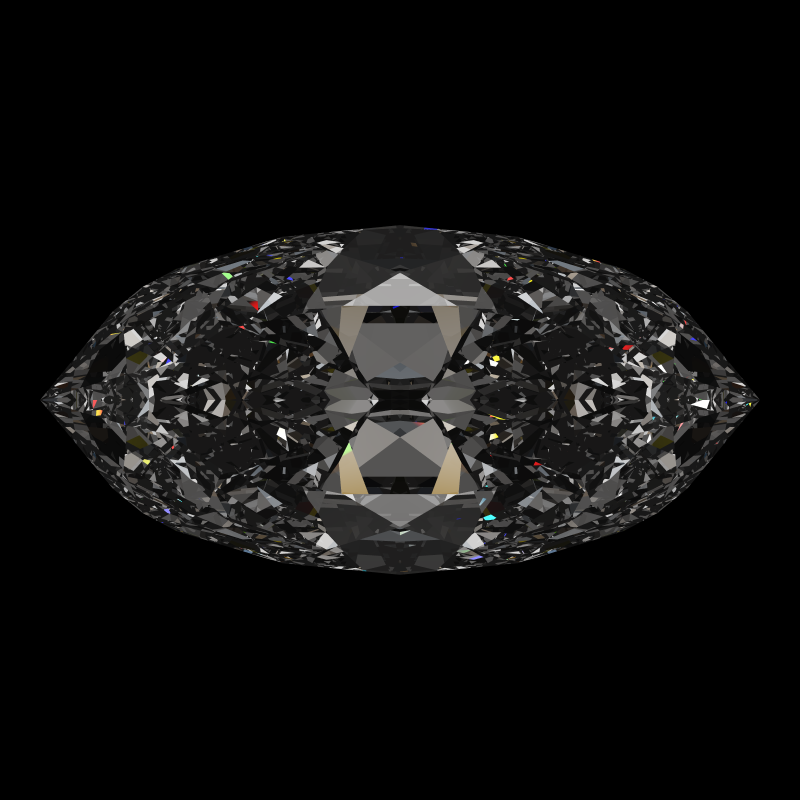 Dg-bowtie in moissanite face-up under a single bright light: a render from our simulator, its coloured flashes are the fire (score 98)