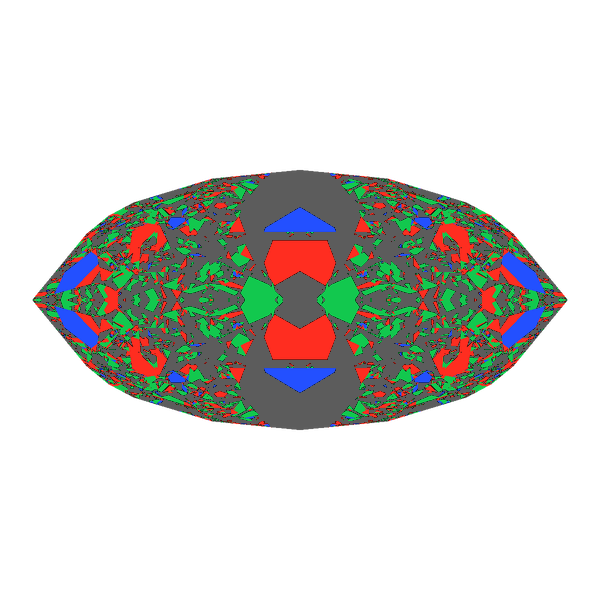 Dg-bowtie in moissanite face-up Light Return map: red, green and blue show where the light returns from, grey shows where it leaks (Brilliance 29)
