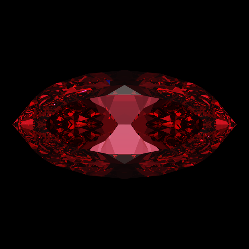 Dg-bowtie in ruby face-up under a single bright light: a render from our simulator, its coloured flashes are the fire (score 57)