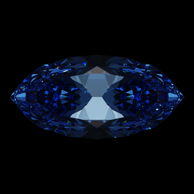 Dg-bowtie in sapphire face-up under a single bright light: a render from our simulator, its coloured flashes are the fire (score 57)