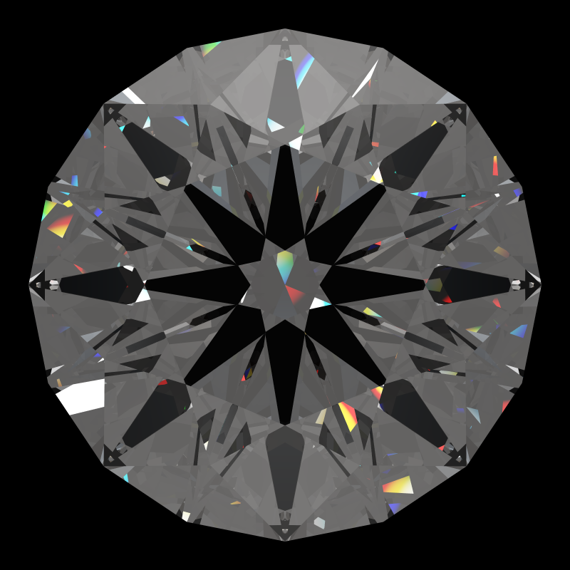 Dg-broken hearts and arrows in cubic zirconia face-up under a single bright light: a render from our simulator, its coloured flashes are the fire (score 85)