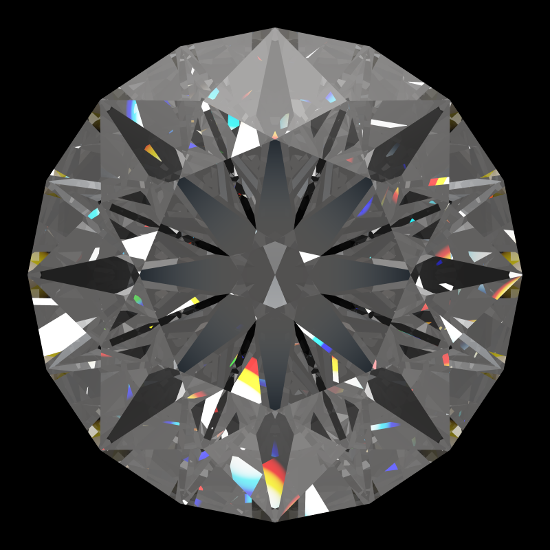 Dg-broken hearts and arrows in diamond face-up under a single bright light: a render from our simulator, its coloured flashes are the fire (score 78)