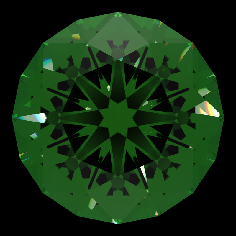 Dg-broken hearts and arrows in emerald face-up under a single bright light: a render from our simulator, its coloured flashes are the fire (score 38)