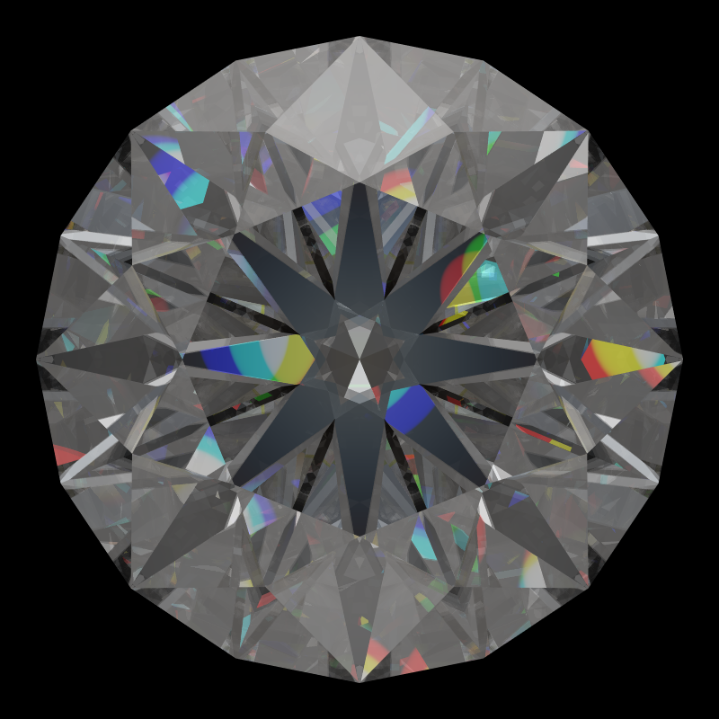 Dg-broken hearts and arrows in moissanite face-up under a single bright light: a render from our simulator, its coloured flashes are the fire (score 97)