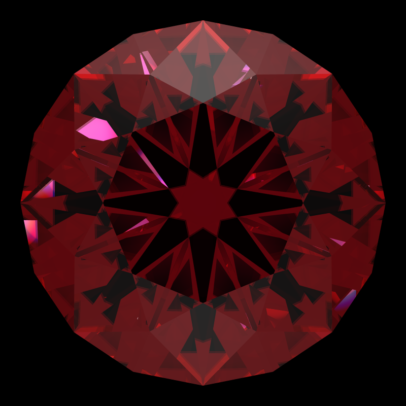 Dg-broken hearts and arrows in ruby face-up under a single bright light: a render from our simulator, its coloured flashes are the fire (score 36)