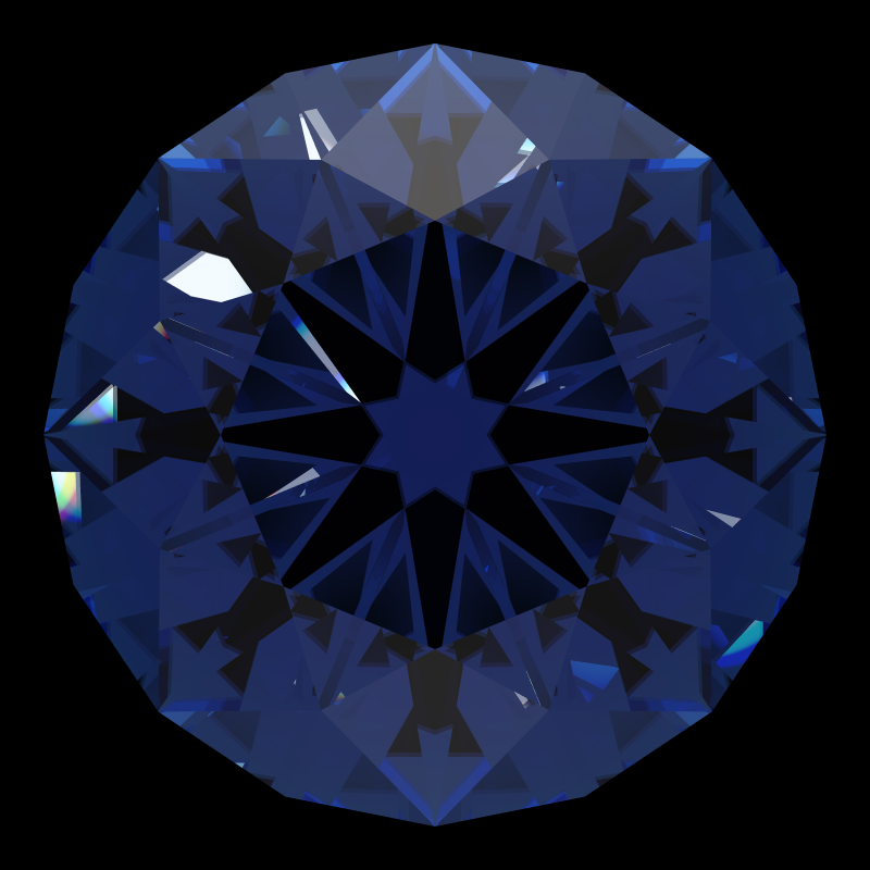 Dg-broken hearts and arrows in sapphire face-up under a single bright light: a render from our simulator, its coloured flashes are the fire (score 36)