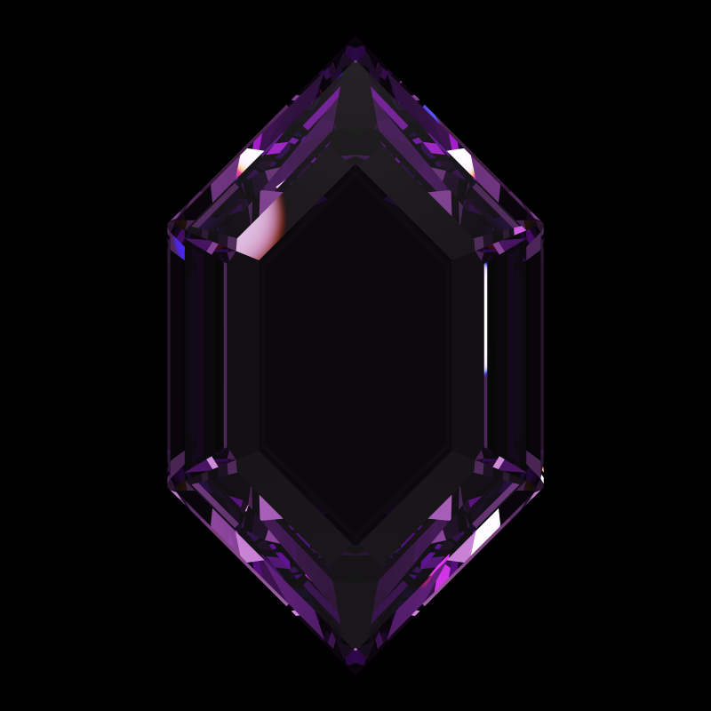 Dg-elongated hexagon in amethyst face-up under a single bright light: a render from our simulator, its coloured flashes are the fire (score 64)