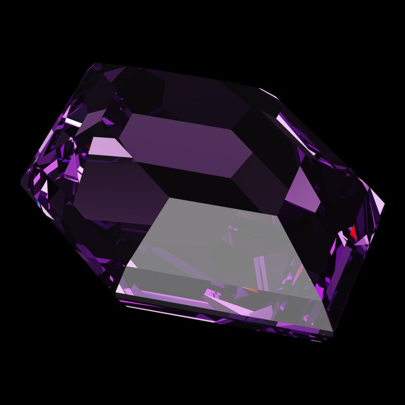 The DG-Elongated Hexagon in amethyst, rendered at an angle in our 3D Gemstone Simulator under studio light