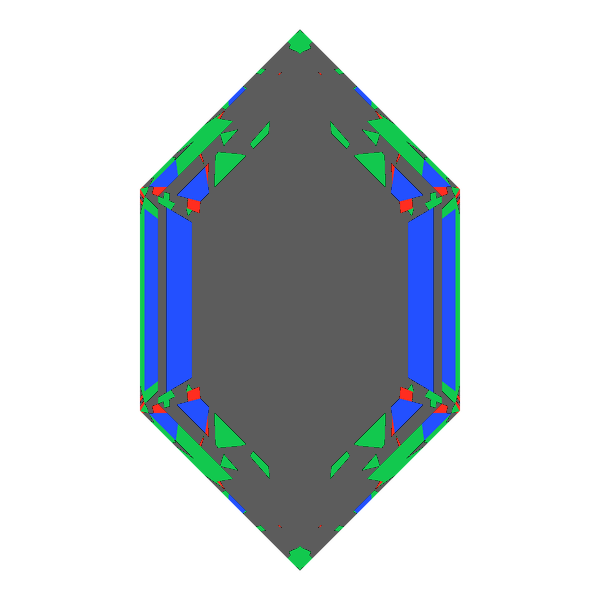 Dg-elongated hexagon in amethyst face-up Light Return map: red, green and blue show where the light returns from, grey shows where it leaks (Brilliance 25)