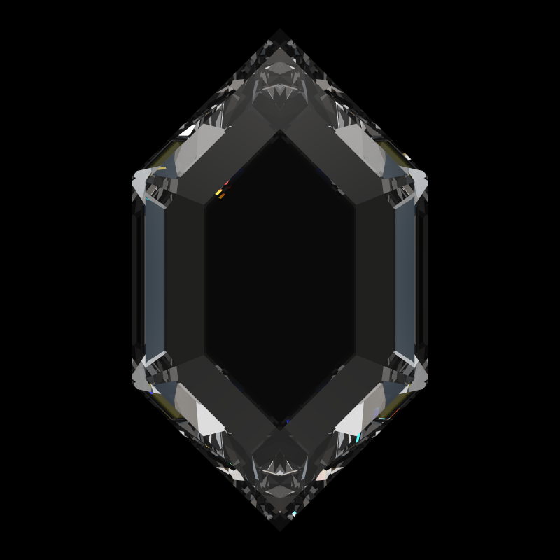 Dg-elongated hexagon in cubic zirconia face-up under a single bright light: a render from our simulator, its coloured flashes are the fire (score 97)