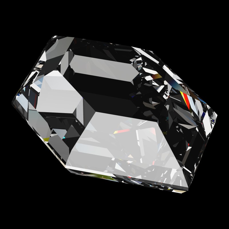 The DG-Elongated Hexagon in cubic zirconia, rendered at an angle in our 3D Gemstone Simulator under studio light