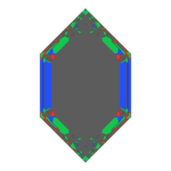 Dg-elongated hexagon in cubic zirconia face-up Light Return map: red, green and blue show where the light returns from, grey shows where it leaks (Brilliance 16)