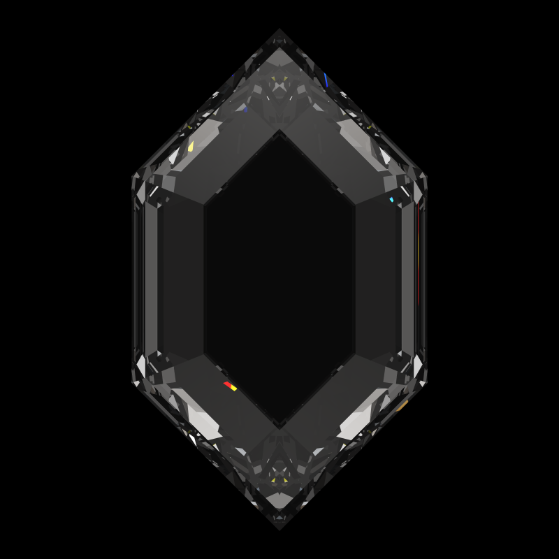 Dg-elongated hexagon in diamond face-up under a single bright light: a render from our simulator, its coloured flashes are the fire (score 97)
