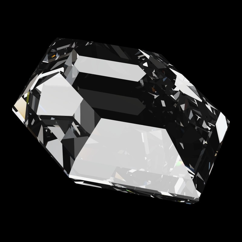 The DG-Elongated Hexagon in diamond, rendered at an angle in our 3D Gemstone Simulator under studio light