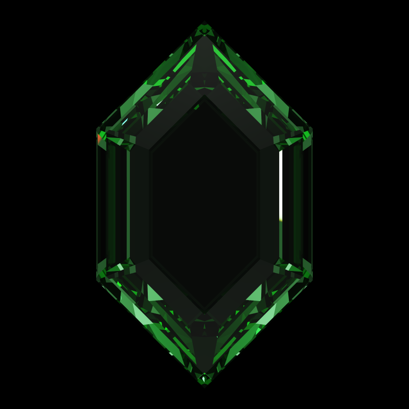 Dg-elongated hexagon in emerald face-up under a single bright light: a render from our simulator, its coloured flashes are the fire (score 69)