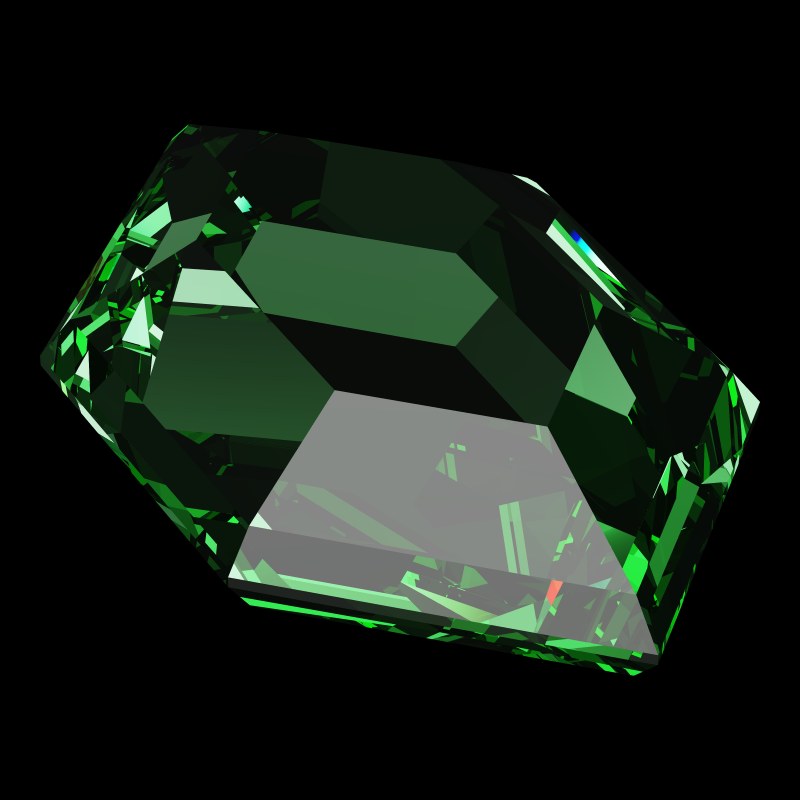The DG-Elongated Hexagon in emerald, rendered at an angle in our 3D Gemstone Simulator under studio light