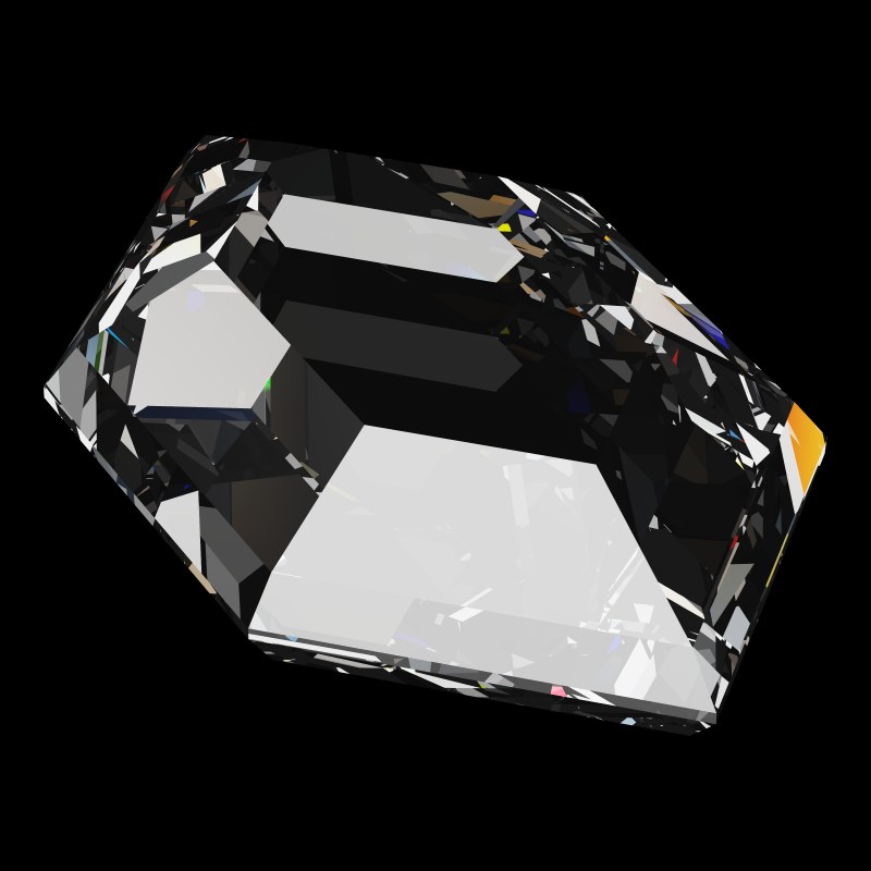 The DG-Elongated Hexagon in moissanite, rendered at an angle in our 3D Gemstone Simulator under studio light