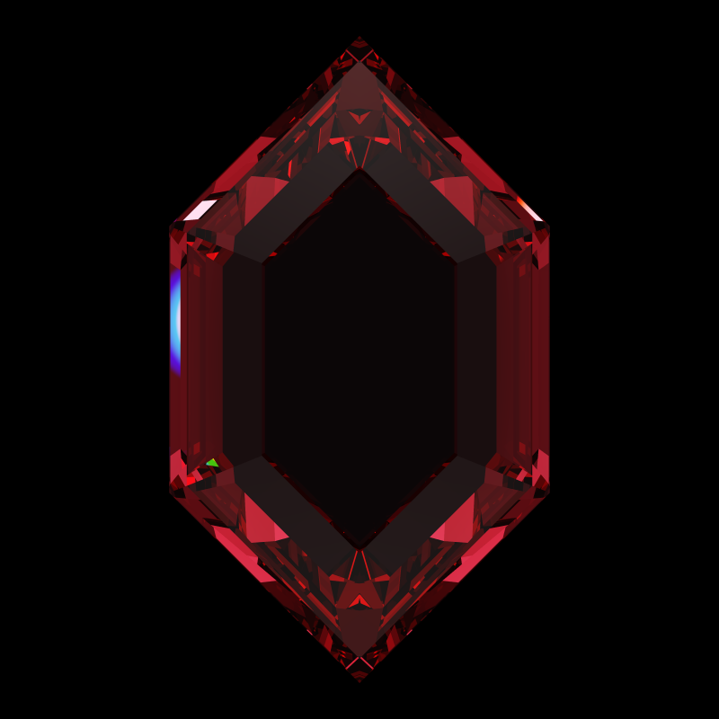 Dg-elongated hexagon in ruby face-up under a single bright light: a render from our simulator, its coloured flashes are the fire (score 72)