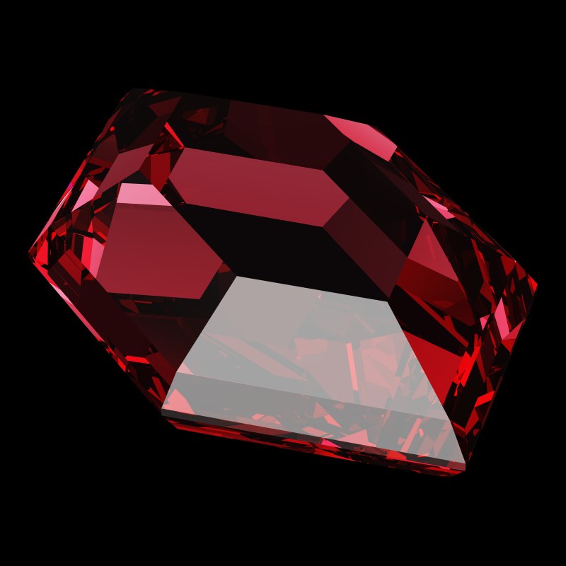The DG-Elongated Hexagon in ruby, rendered at an angle in our 3D Gemstone Simulator under studio light