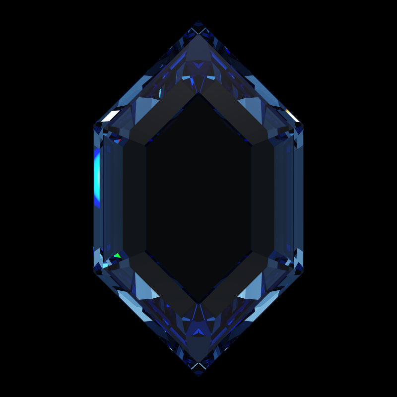 Dg-elongated hexagon in sapphire face-up under a single bright light: a render from our simulator, its coloured flashes are the fire (score 72)