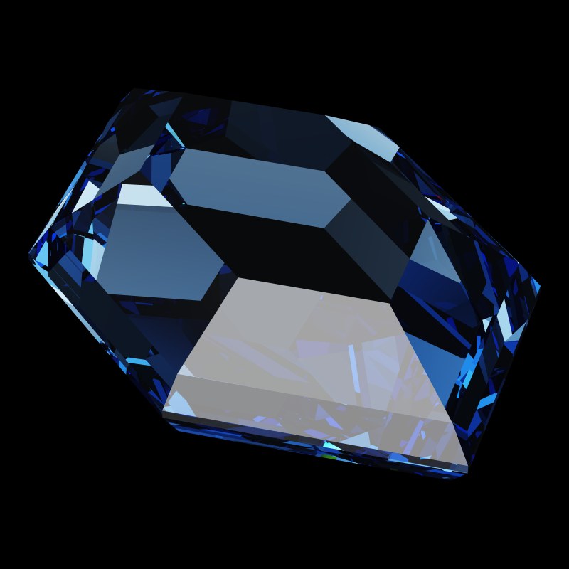 The DG-Elongated Hexagon in sapphire, rendered at an angle in our 3D Gemstone Simulator under studio light