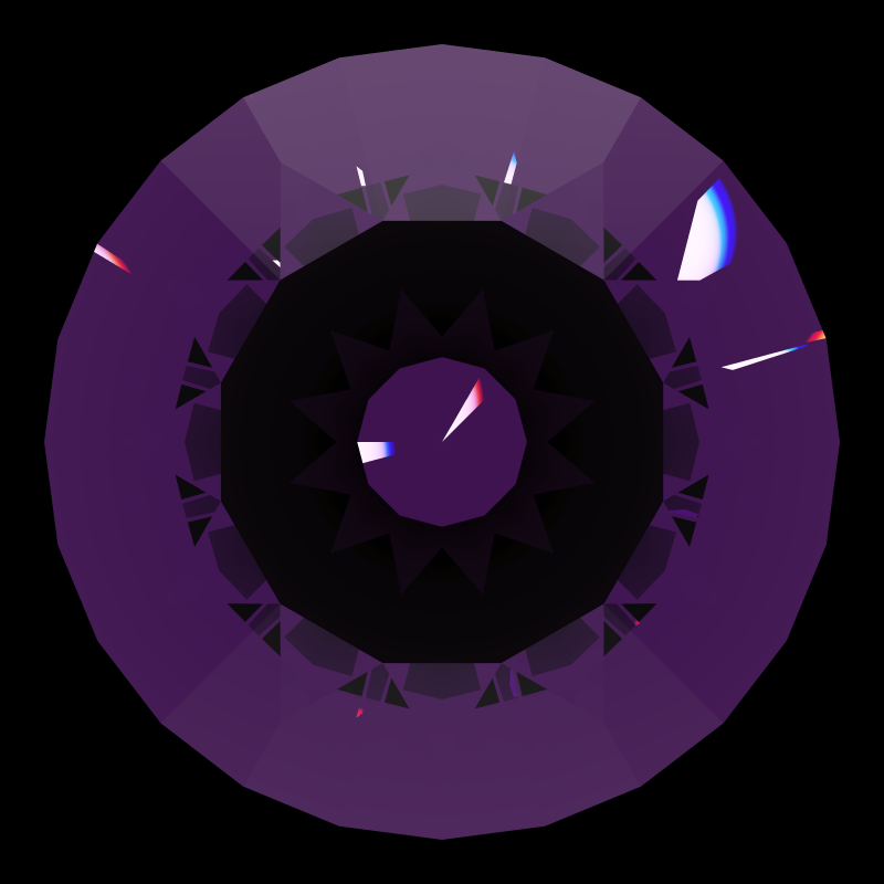 Dg-m5 in amethyst face-up under a single bright light: a render from our simulator, its coloured flashes are the fire (score 50)