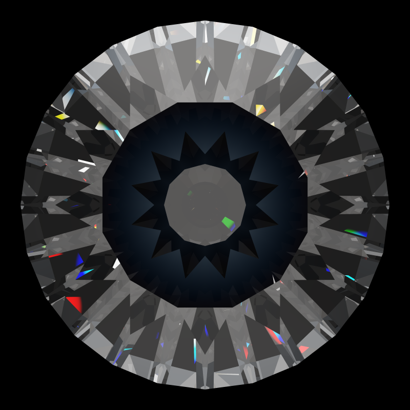 Dg-m5 in cubic zirconia face-up under a single bright light: a render from our simulator, its coloured flashes are the fire (score 73)