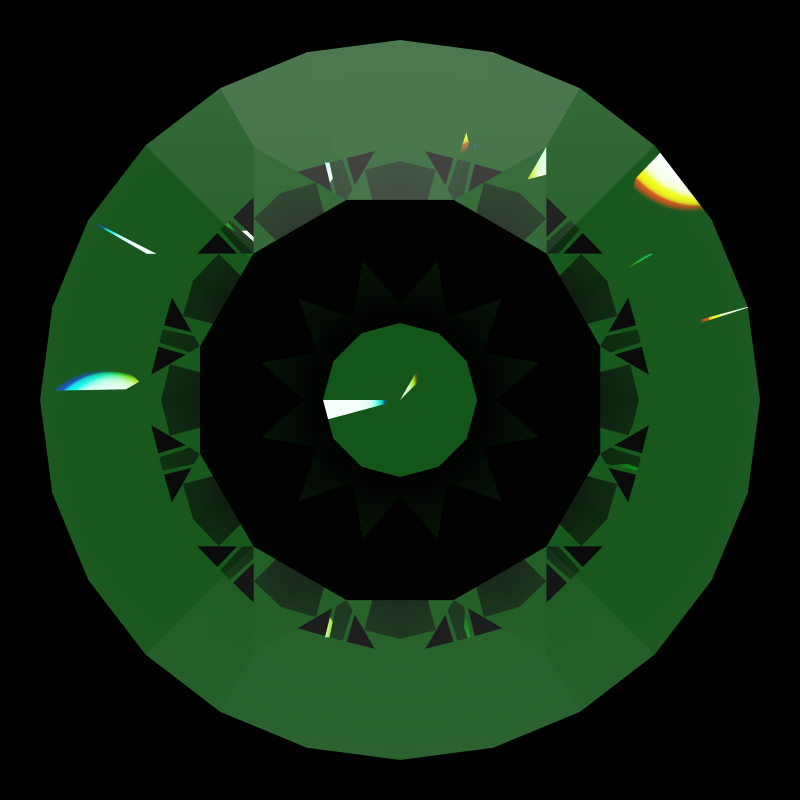 Dg-m5 in emerald face-up under a single bright light: a render from our simulator, its coloured flashes are the fire (score 46)