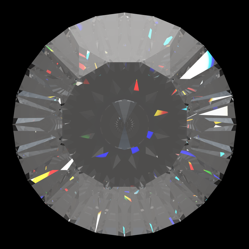 Dg-m5 in moissanite face-up under a single bright light: a render from our simulator, its coloured flashes are the fire (score 100)