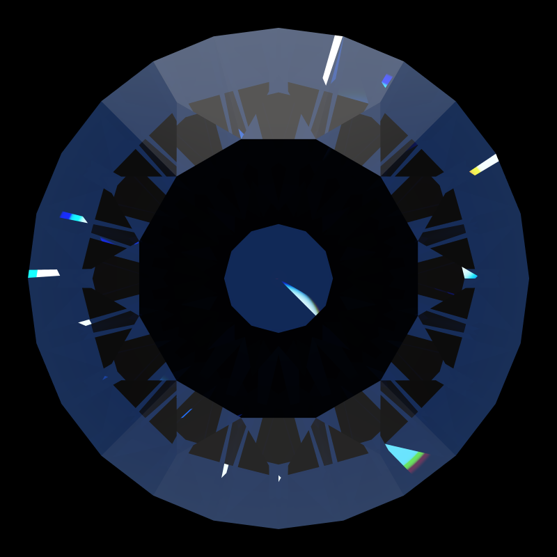 Dg-m5 in sapphire face-up under a single bright light: a render from our simulator, its coloured flashes are the fire (score 39)