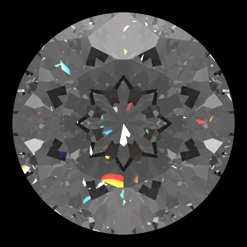 Dg-miliano in diamond face-up under a single bright light: a render from our simulator, its coloured flashes are the fire (score 82)