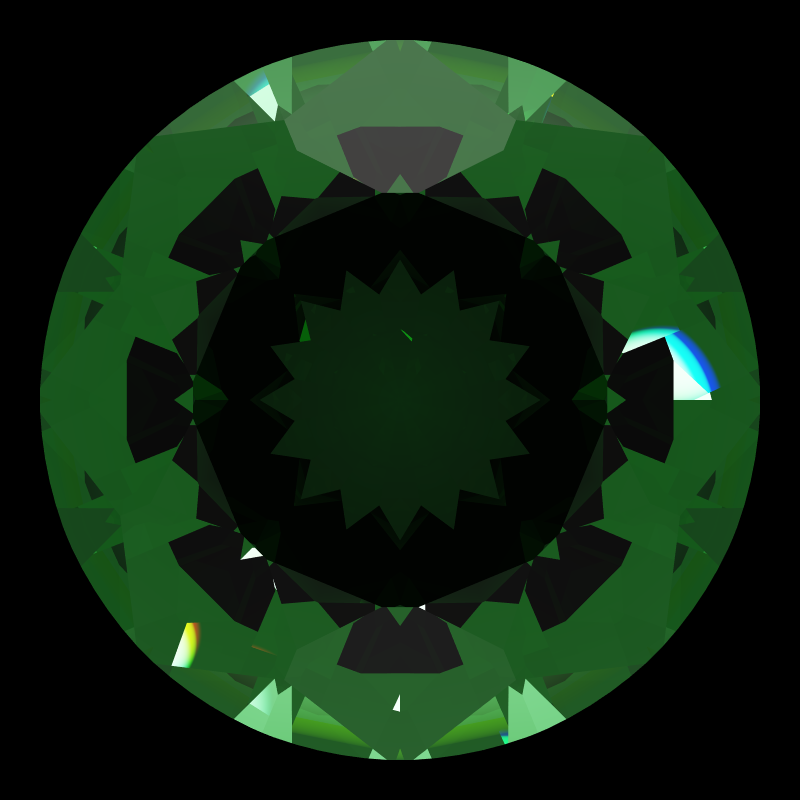 Dg-miliano in emerald face-up under a single bright light: a render from our simulator, its coloured flashes are the fire (score 34)