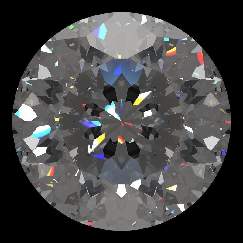 Dg-miliano in moissanite face-up under a single bright light: a render from our simulator, its coloured flashes are the fire (score 93)