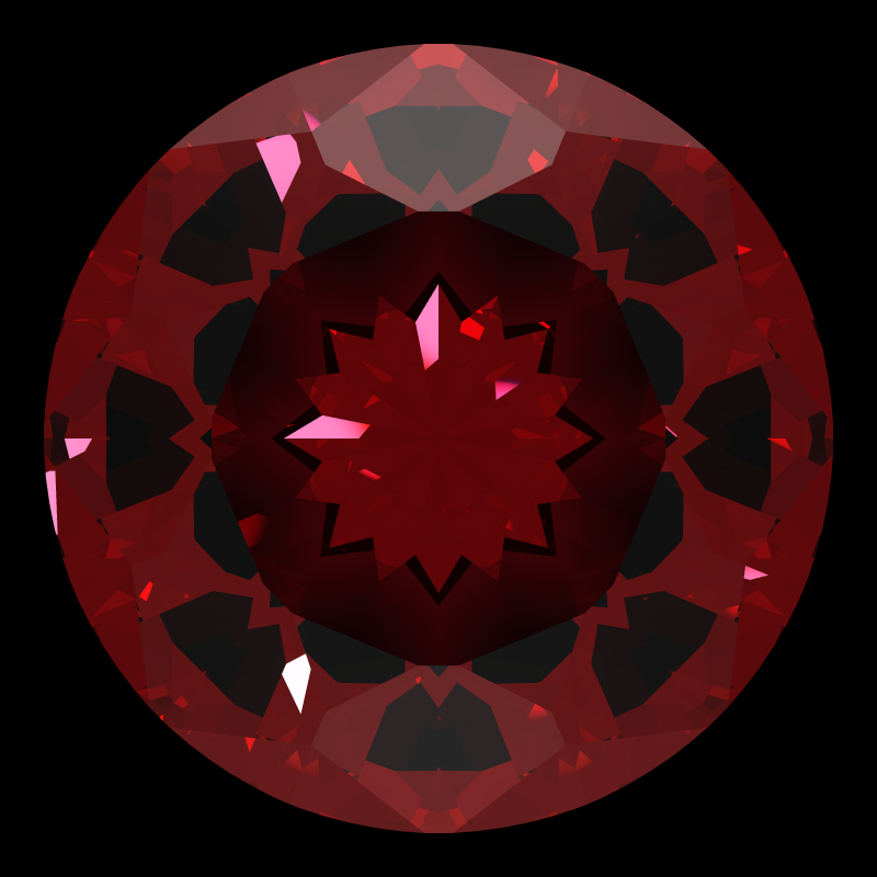 Dg-miliano in ruby face-up under a single bright light: a render from our simulator, its coloured flashes are the fire (score 35)