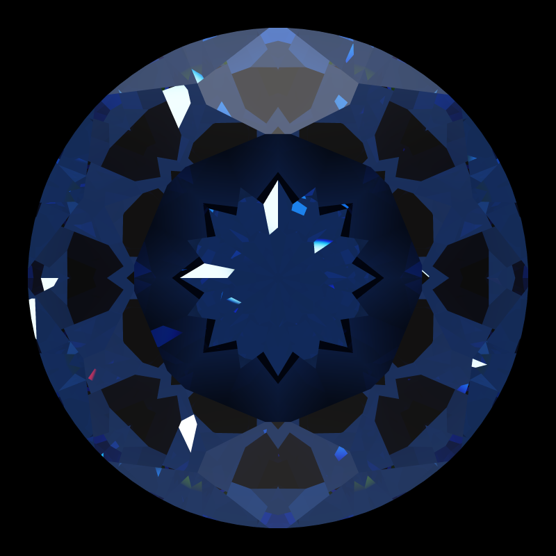 Dg-miliano in sapphire face-up under a single bright light: a render from our simulator, its coloured flashes are the fire (score 35)