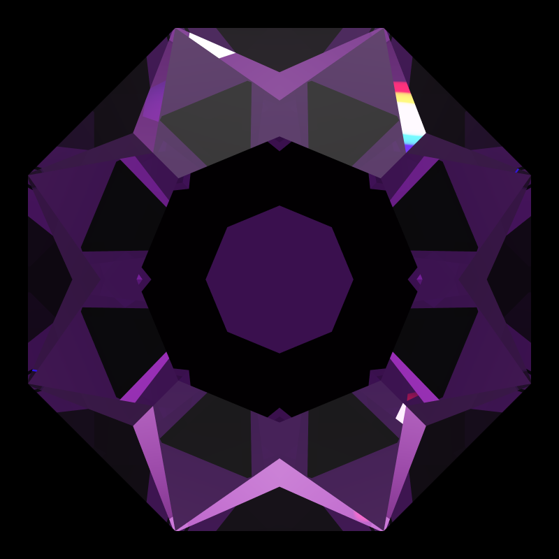 Dg-octagonal kite in amethyst face-up under a single bright light: a render from our simulator, its coloured flashes are the fire (score 33)