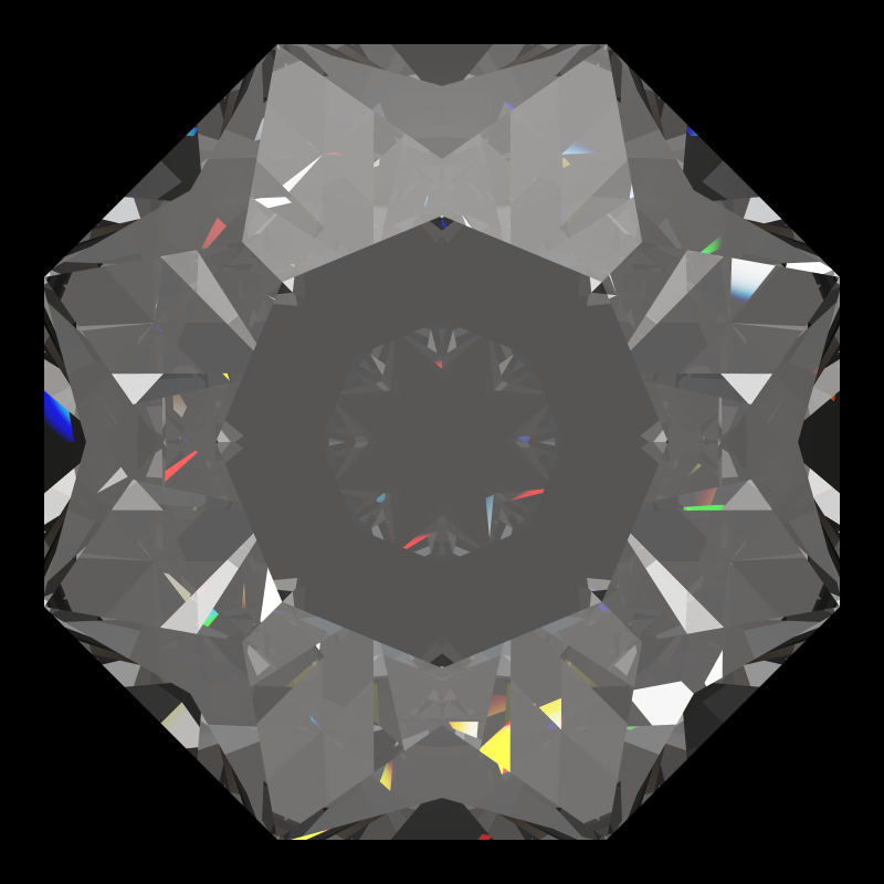 Dg-octagonal kite in cubic zirconia face-up under a single bright light: a render from our simulator, its coloured flashes are the fire (score 92)